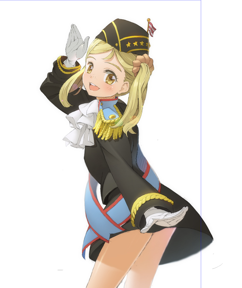 1girl, american_flag, blonde_hair, eiyuu_senki, epaulettes, genderswap, gloves, matthew_perry_(eiyuu_senki), military, military_uniform, namiki_system, open_mouth, salute, smile, solo, twintails, uniform, yellow_eyes