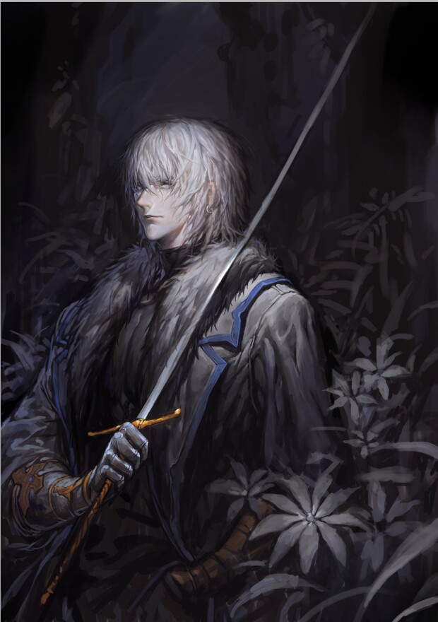a9219669, armor, castlevania, earrings, forest, fur_trim, jewelry, nature, realistic, solo, soma_cruz, sword, tagme, weapon, white_eyes, white_hair