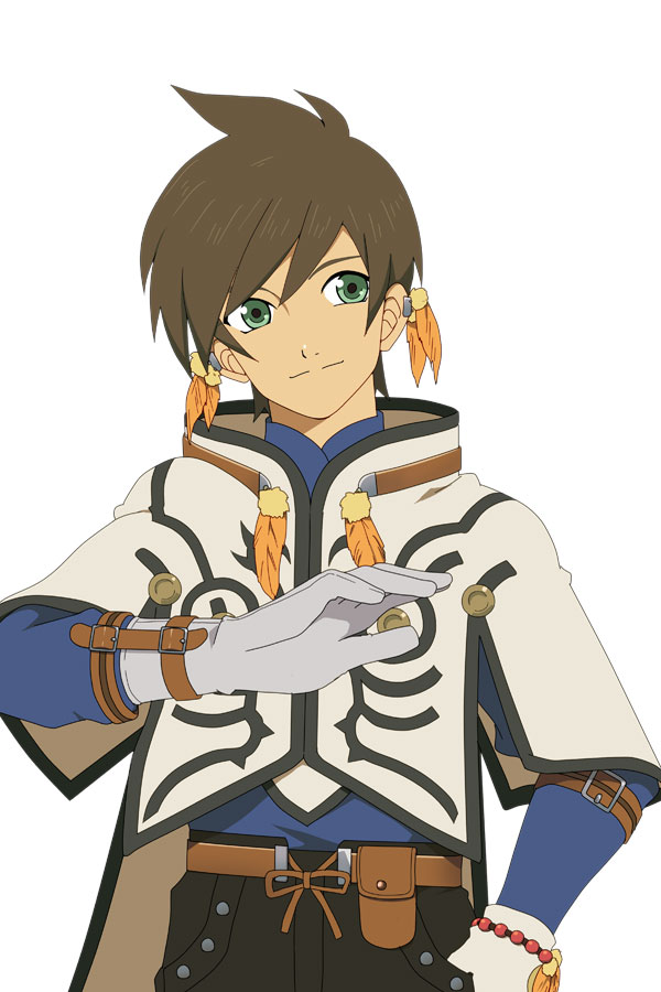 1boy, belt, brown_hair, cape, earrings, gloves, green_eyes, halto