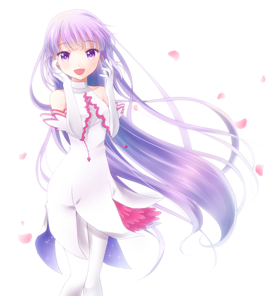 1girl, :d, elbow_gloves, gloves, halterneck, long_hair, miyato000, open_mouth, pantyhose, petals, purple_hair, skirt, smile, solo, sophie_(tales), tales_of_(series), tales_of_graces, very_long_hair, violet_eyes, white_background, white_gloves, white_legwear, white_skirt