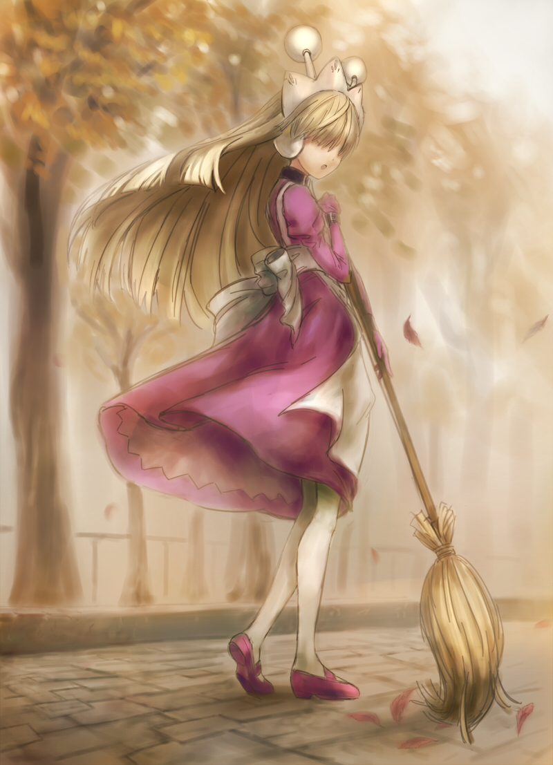 blonde_hair, broom, brown_background, collar, hair_over_eyes, long_hair, maid, robot_ears