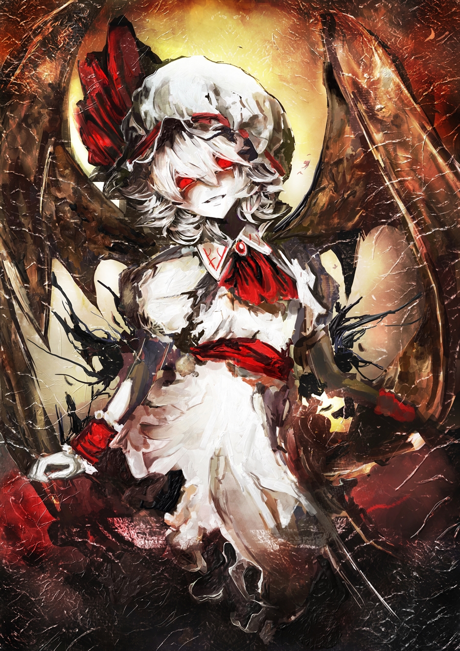 1girl, ascot, bat_wings, brooch, dress, glowing, glowing_eyes, hat