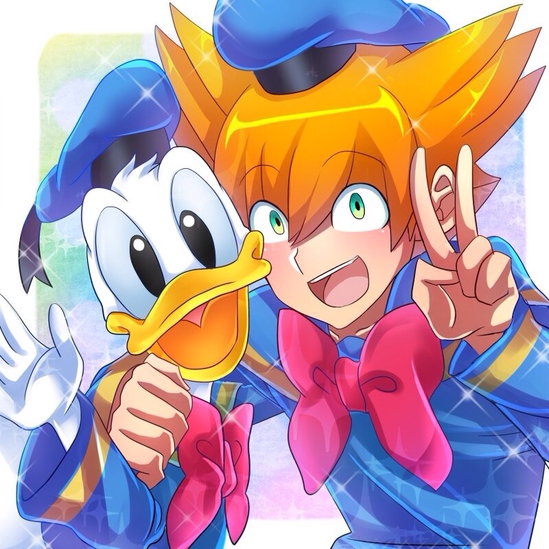 2boys, bust, cosplay, crossover, disney, donald_duck, donald_duck_(cosplay), green_eyes