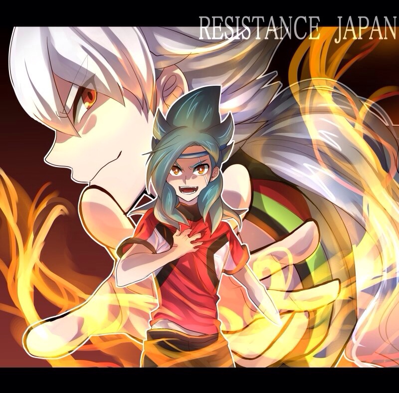 2boys, aqua_hair, armband, hakuryuu_(inazuma_eleven), headband, inazuma_eleven_(series), inazuma_eleven_go, inazuma_eleven_go_galaxy, letterboxed, long_hair, looking_at_viewer, maian, male, multicolored_hair, multiple_boys, namikawa_rensuke, open_mouth, orange_eyes, ponytail, profile, projected_inset, resistance_japan, soccer_uniform, sportswear, two-tone_hair, white_hair