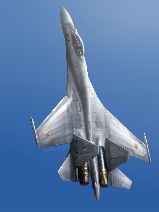 1boy, airplane, commentary, fighter_jet, flying, japan_air_self-defense_force, jet, original