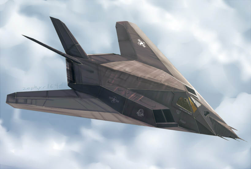 1boy, airplane, clouds, f-117, fighter_jet, flying, from_above, jet