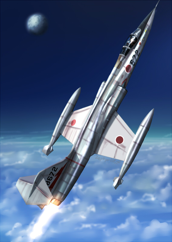 1boy, airplane, clouds, commentary, f-104, fighter_jet, flying, japan_air_self-defense_force