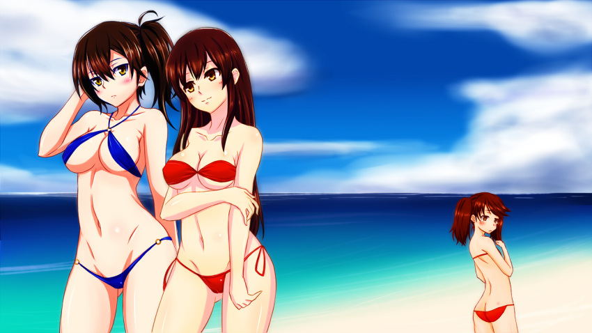 akagi_(kantai_collection), arm_up, ass, bandeau, beach, bikini, blue_bikini, blush, breast_envy, breasts, brown_eyes, brown_hair, k2, kaga_(kantai_collection), kantai_collection, long_hair, mound_of_venus, navel, o-ring_bikini, o-ring_bottom, o-ring_top, ocean, red_bikini, ryuujou_(kantai_collection), short_hair, side-tie_bikini, side_ponytail, swimsuit, twintails