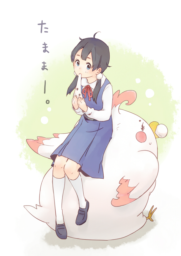 1girl, bird, black_hair, blue_eyes, blush, dera_mochimazzui, hair_ornament, hanaji