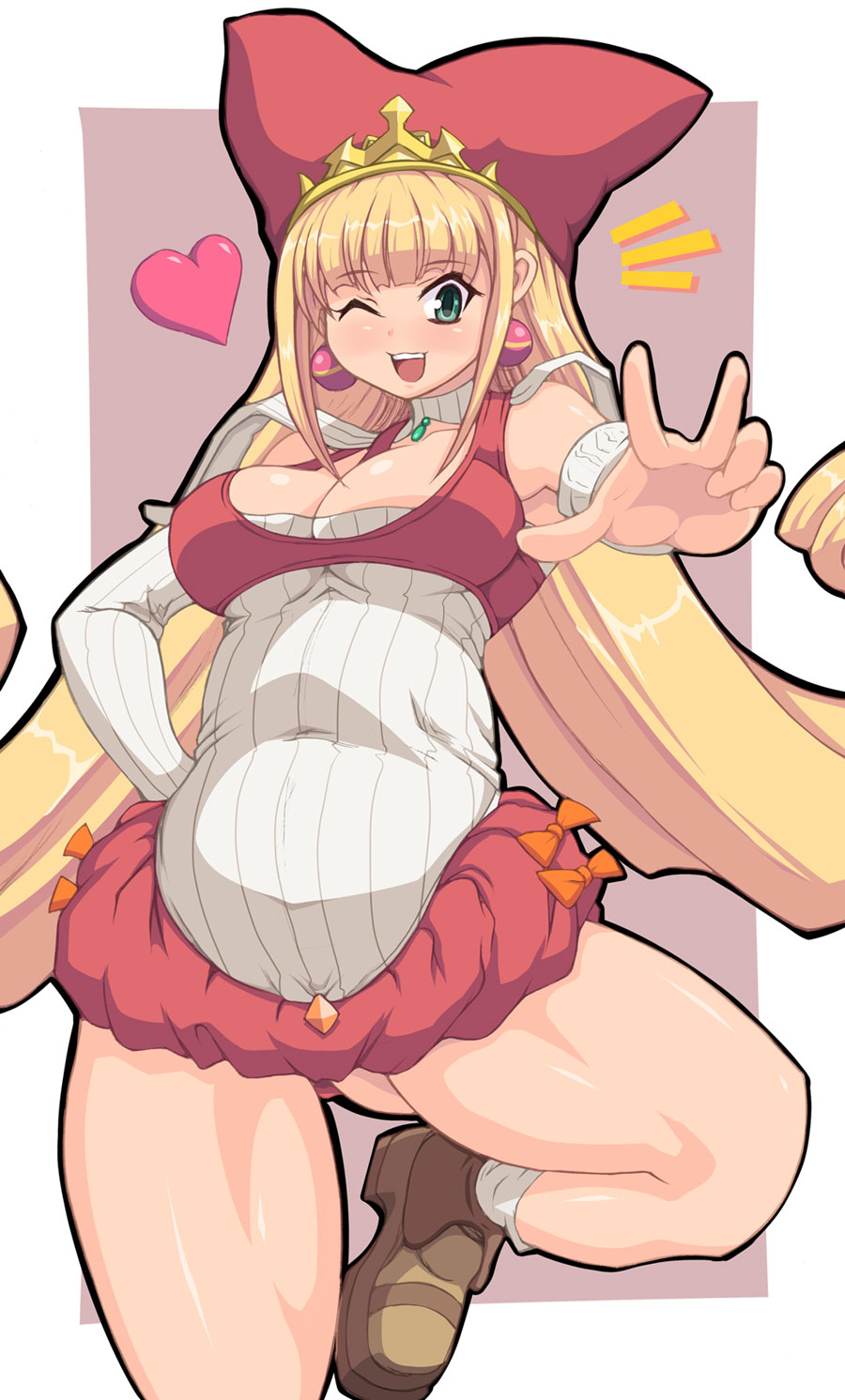 1girl, bad_hands, blonde_hair, blush, breasts, cleavage, earrings, green_eyes