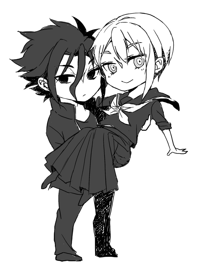 1boy, 1girl, bad_id, bad_pixiv_id, carrying, greyscale, hair_between_eyes, hair_strand