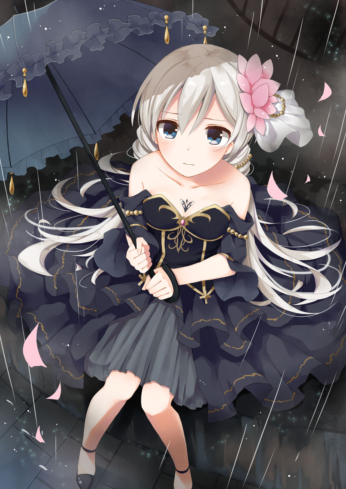 1girl, bare_shoulders, blue_eyes, collarbone, dress, drill_hair, frilled_dress, frills