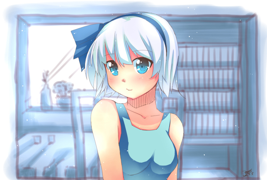 1girl, alternate_costume, bare_arms, bare_shoulders, blue_eyes, blush, blush_stickers, book, bookshelf, bow, breasts, chair, collarbone, dated, flower, flower_pot, hair_bow, hairband, ikuya@, indoors, konpaku_youmu, looking_at_viewer, short_hair, signature, silver_hair, smile, solo, tank_top, touhou