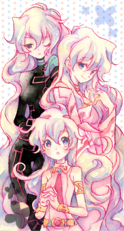 3girls, antispiral_nia, blush, child, curly_hair, dress, flower, jewelry, long_hair, multicolored_hair, multiple_girls, necktie, nesu_(nsm888), nia_teppelin, revision, smile, tengen_toppa_gurren_lagann, uniform, wink