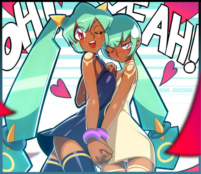 2girls, aqua_hair, artist_name, bare_shoulders, blush, bracelet, dark_skin, flat_chest, heart, holding_hands, jewelry, long_hair, multiple_girls, panties, pantyshot, pantyshot_(standing), red_eyes, rockman, rockman_dash, rog_rockbe, sera_(rockman_dash), short_hair, siblings, sisters, standing, sweatdrop, tattoo, thighhighs, twins, twintails, underwear, very_long_hair, wink, yuna_(rockman_dash), zettai_ryouiki