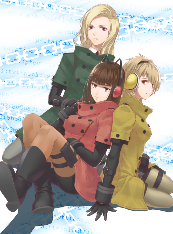 3girls, android, blonde_hair, boots, brown_eyes, brown_hair, coat, connie_(freedom_wars)