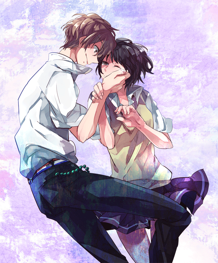 1boy, 1girl, black_hair, brown_hair, ishiwari, mishima_lisa, school_uniform, short_hair