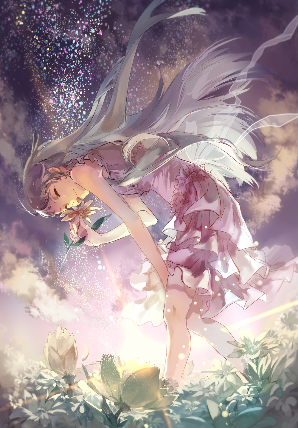 1girl, ano_hi_mita_hana_no_namae_wo_bokutachi_wa_mada_shiranai., bending_forward, cathy_inaba, closed_eyes, clouds, dress, field, flower, flower_field, highres, holding, honma_meiko, light_particles, short_sleeves, silver_hair, sky, smelling, smile, solo, sunlight
