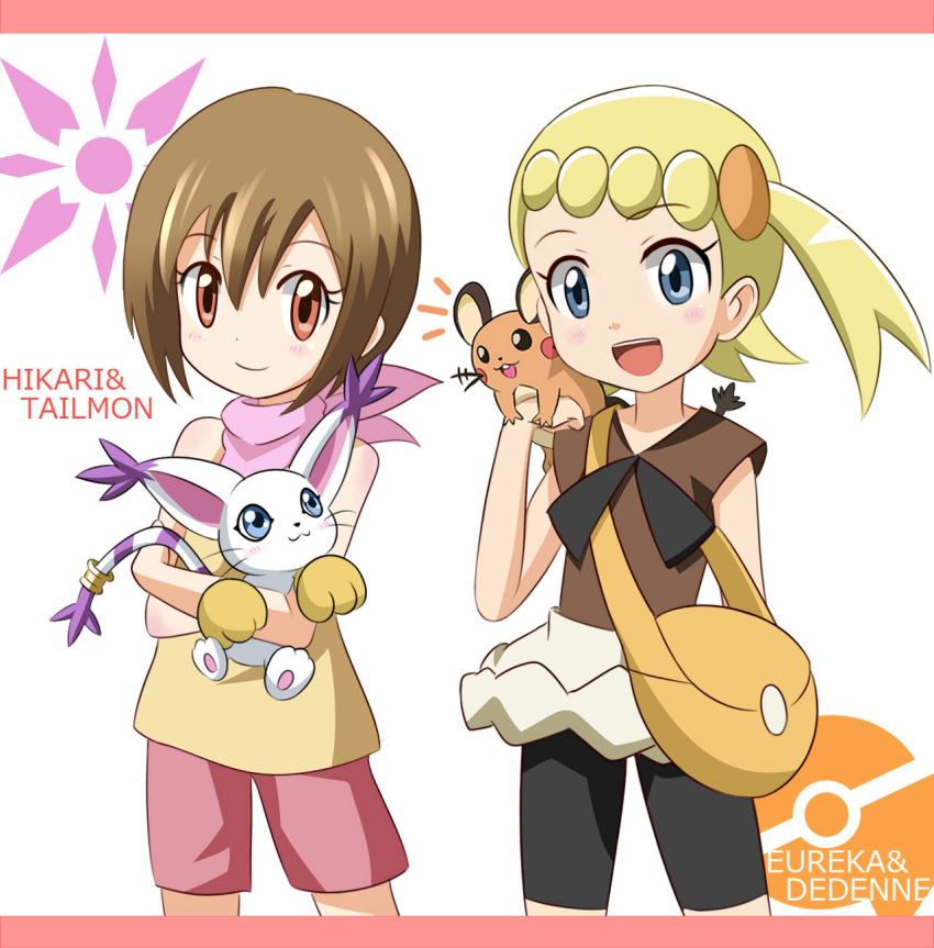 /\/\/\, 2girls, :d, animal, antenna_(specie), bag, bandai, blonde_hair, blue_eyes, blush, brown_hair, cat, character_name, creatures_(company), crossover, cute, dedenne, digimon, digimon_(creature), digimon_adventure, eureka_(pokemon), fuji_tv, game_freak, gloves, hamada_sukaru, highres, human, loli, mouse, multiple_girls, nintendo, olm_digital, open_mouth, paw_gloves, pokemon, pokemon_(anime), pokemon_(creature), pokemon_(game), pokemon_xy, pokemon_xy_(anime), red_eyes, scarf, short_hair, shorts, shoulder_bag, side_ponytail, smile, symbol, tail_ring, tailmon, toei_animation, trait_connection, tv_tokyo, whiskers, yagami_hikari