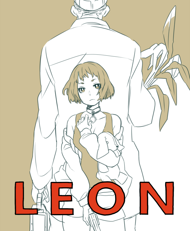 1boy, 1girl, back-to-back, choker, emu_(eomou), gun, leon_(leon_the_professional), leon_the_professional