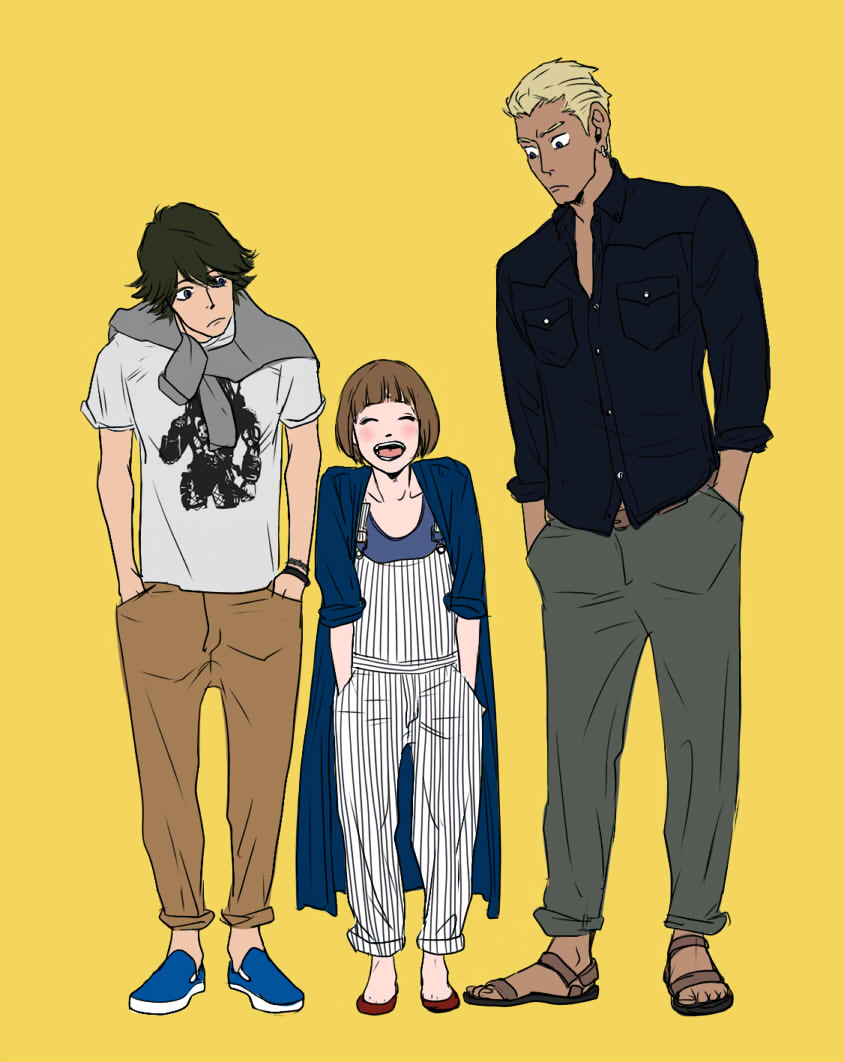 1girl, 2boys, alternate_costume, blonde_hair, brown_hair, casual, dark_skin, flats