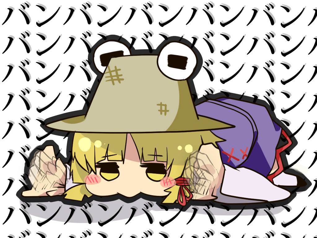 1girl, :>, all_fours, blonde_hair, blush, blush_stickers, hair_ribbon, hat