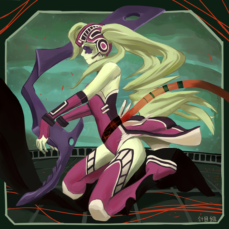 blonde_hair, boots, elbow_gloves, eyepatch, fingerless_gloves, gloves, harime_nui, headset
