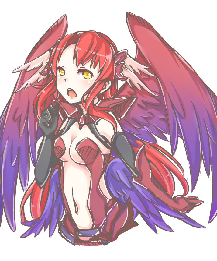 1girl, armor, bikini_armor, black_gloves, breasts, cleavage, dark_minerva_(p&amp;d), elbow_gloves, feathered_wings, gauntlets, gloves, head_wings, long_hair, midriff, minerva_(p&amp;d), mo_(k40633), multicolored_wings, navel, open_mouth, pauldrons, purple_wings, puzzle_&amp;_dragons, red_wings, redhead, simple_background, solo, under_boob, very_long_hair, white_background, white_wings, wings, yellow_eyes