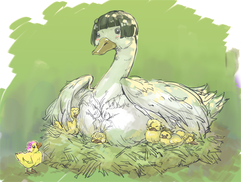 animalization, bird, black_hair, blonde_hair, blush, bob_cut, bruno_bucciarati, duck, duckling, giorno_giovanna, guido_mista, hat, jojo_no_kimyou_na_bouken, leone_abbachio, narancia_ghirga, nest, no_humans, pannacotta_fugo, parody, pink_hair, shicewlysml, trish_una