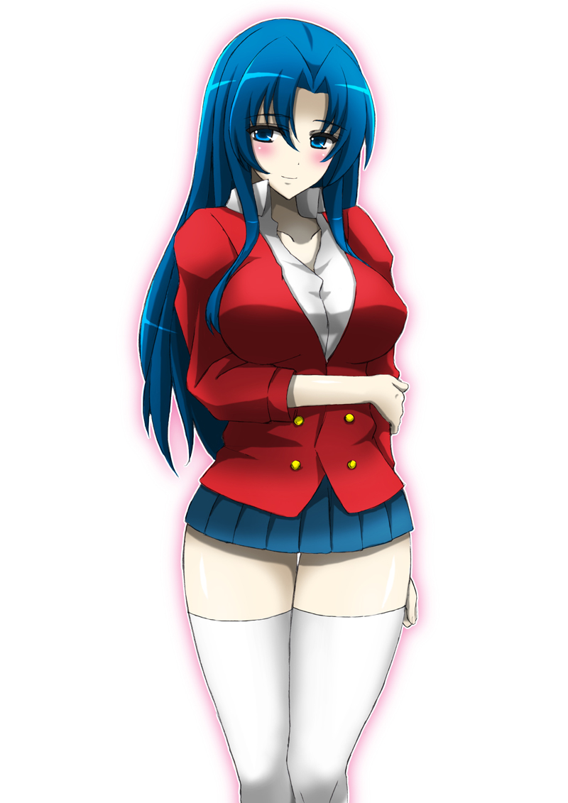 blue_hair, blush, breasts, kawashima_ami, large_breasts, long_hair, school_uniform, skirt
