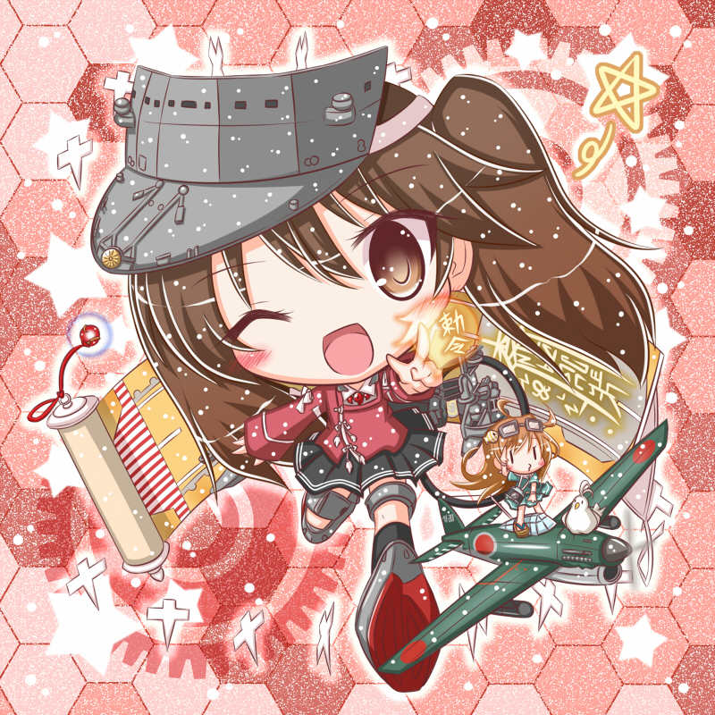 2girls, airplane, bird, blush, brown_eyes, brown_hair, chibi, gears