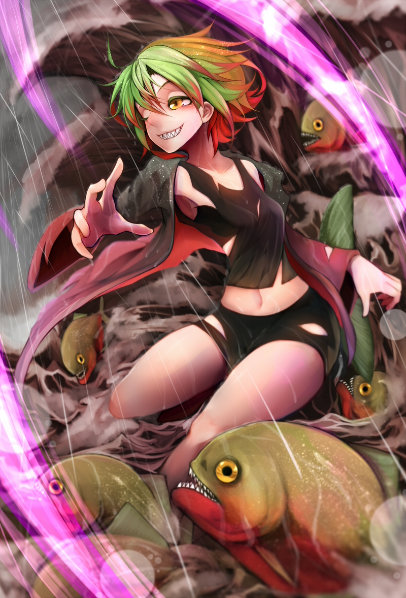 1girl, blurry, depth_of_field, fish, gradient_hair, grin, looking_at_viewer, multicolored_hair
