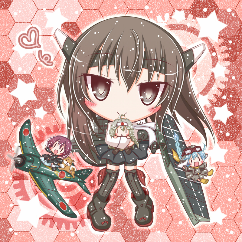 4girls, ahoge, airplane, black_eyes, blue_hair, blush, braid, brown_hair