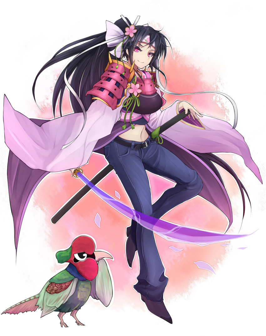 >:), 1girl, armor, armored_dress, bird, black_hair, food, food_themed_clothes