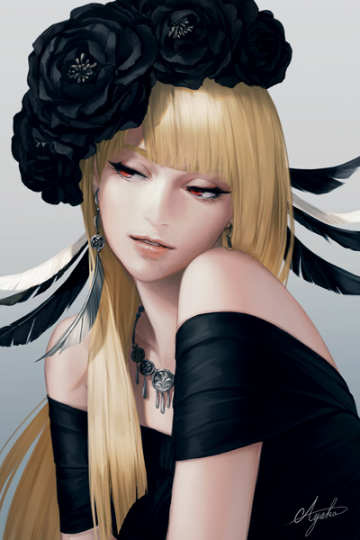 1girl, bangs, bare_shoulders, blonde_hair, blunt_bangs, feathers, flower, hair_flower