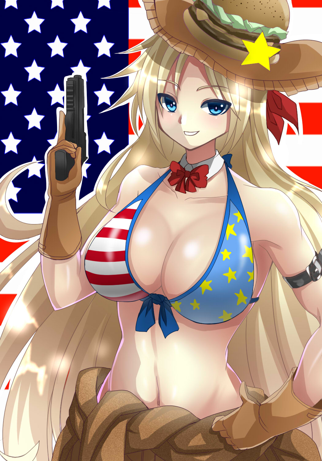 1girl, alice360, american_flag, american_flag_bikini, arm_belt, bikini, bikini_top, blonde_hair, blue_eyes, bow, breasts, cowboy_shot, detached_collar, flag_print, food, front-tie_top, gloves, grin, gun, hamburger, hand_on_hip, hat, highres, large_breasts, long_hair, original, smile, star, swimsuit, weapon