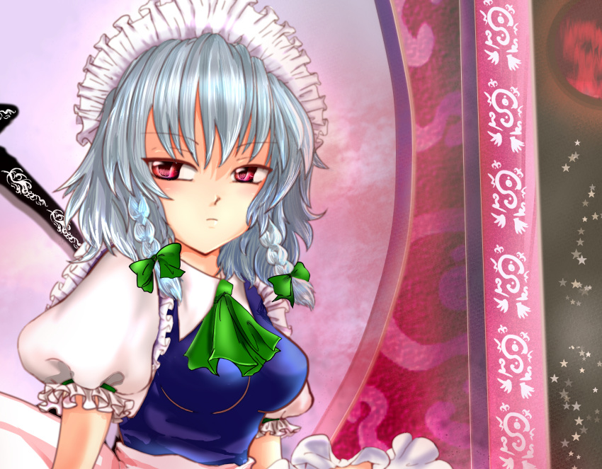 braid, highres, izayoi_sakuya, maid, pinkrojar, red_eyes, short_hair, silver_hair, touhou, twin_braids