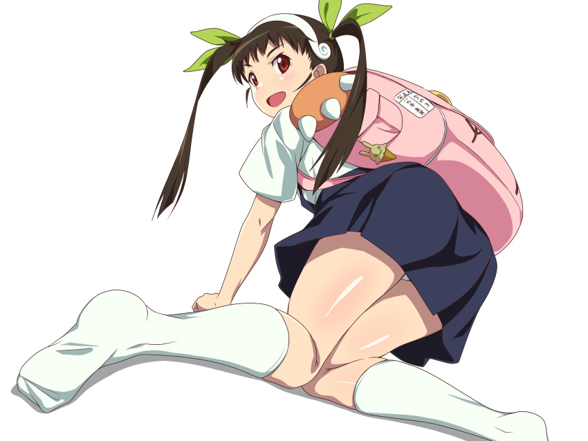 1girl, absurdres, all_fours, backpack, bag, bakemonogatari, black_hair, fang, from_behind, hachikuji_mayoi, hairband, highres, long_hair, looking_back, monogatari_(series), ookanehira, panties, pantyshot, perspective, red_eyes, ribbon, twintails, underwear