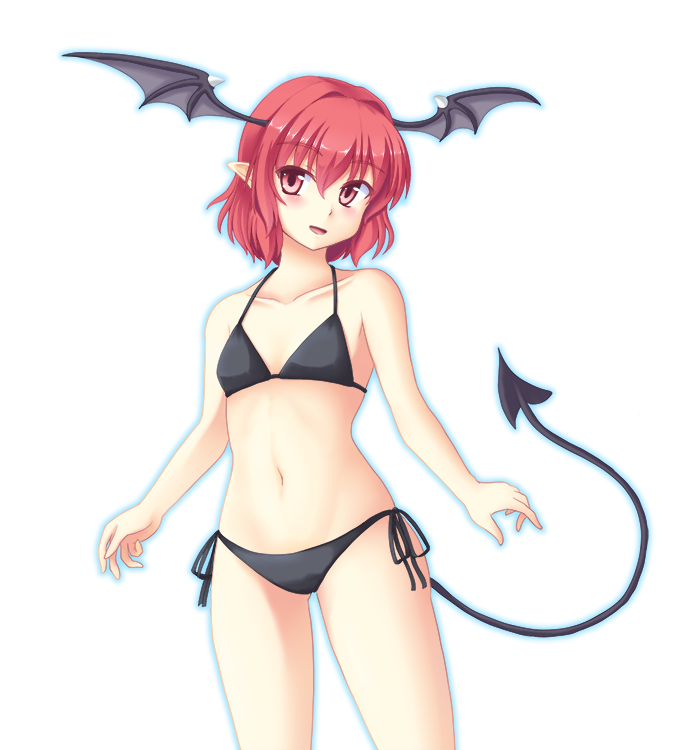 1girl, bat_wings, bikini, demon_girl, demon_tail, gomi_(gomitin), head_wings, koakuma