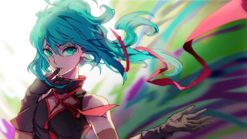 1girl, aqua_eyes, aqua_hair, bare_shoulders, biting, glove_biting, gloves, hatsune_miku, highres, kisekiguiji, ribbon, solo, vocaloid, wind