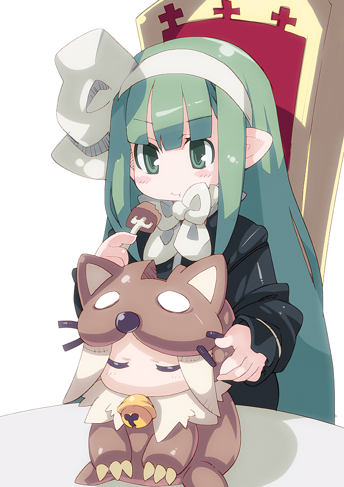 1girl, :t, bell, bow, cat, chair, closed_eyes, disgaea