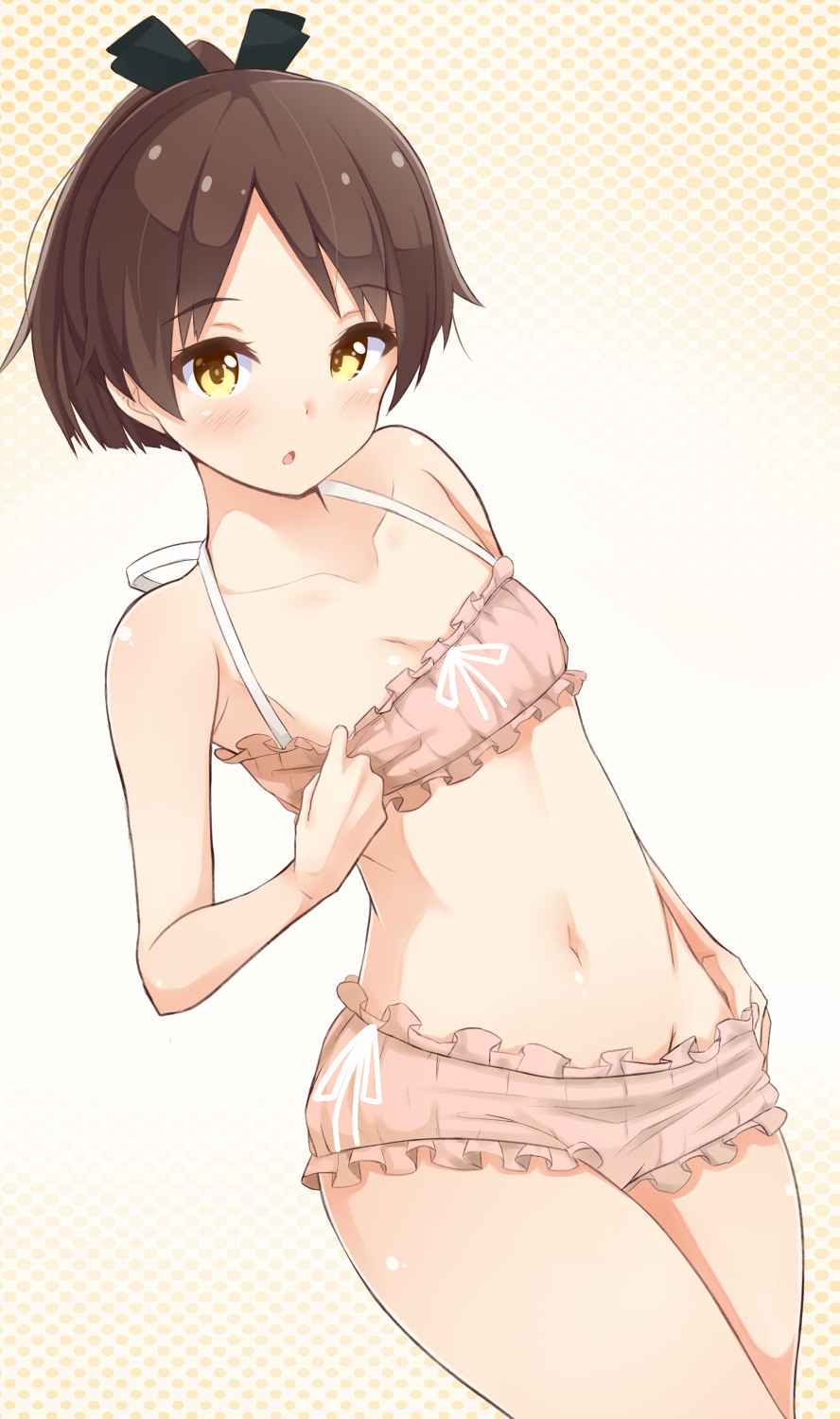 1girl, :o, blush, bokokichi_(you), bra, brown_eyes, brown_hair, hair_ribbon
