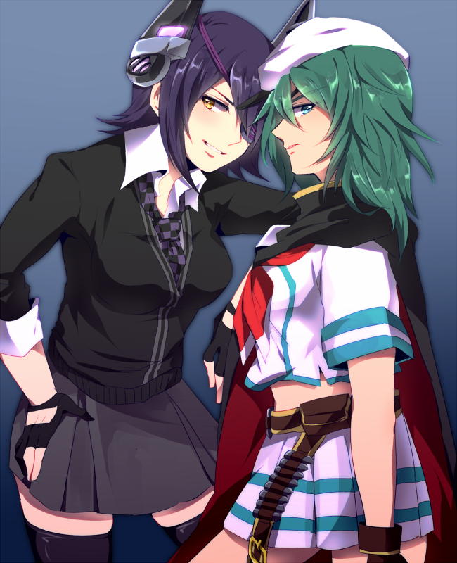 ammunition_belt, blue_eyes, cape, cardigan, eyepatch, gloves, green_hair, grin