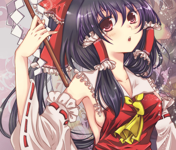asagiri_(artist), black_hair, bow, breasts, detached_sleeves, hakurei_reimu, red_eyes, short_hair, sideboob, touhou