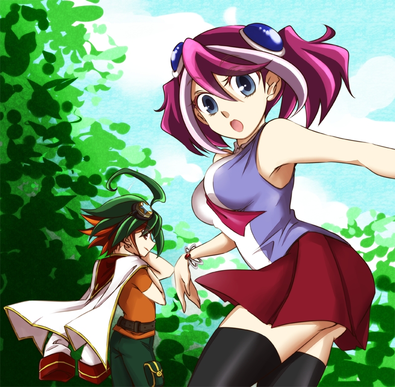 1boy, 1girl, ahoge, bare_shoulders, black_legwear, blue_eyes, bracelet, breasts, female, goggles, goggles_on_head, green_hair, hair_ornament, hiiragi_yuzu, jewelry, lavender_hair, male, miniskirt, multicolored_hair, open_mouth, pink_hair, redhead, rinnya, sakaki_yuuya, school_uniform, short_hair, skirt, thigh-highs, uniform_vest, yuu-gi-ou, yuu-gi-ou_arc-v, zettai_ryouiki