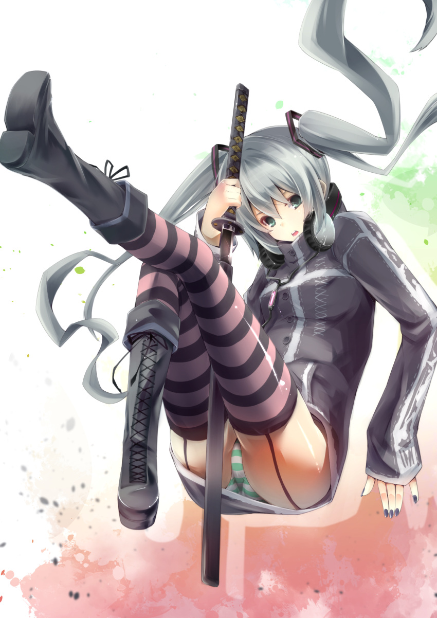 1girl, boots, garter_straps, green_eyes, hatsune_miku, headphones, headphones_around_neck, highres