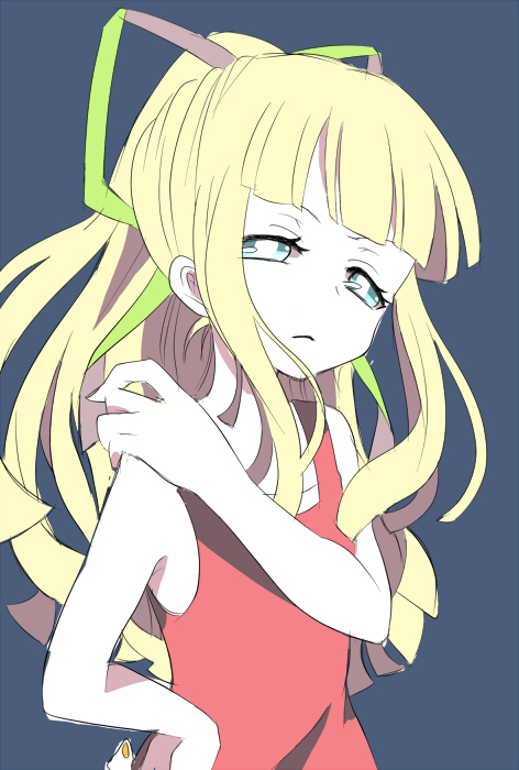 1girl, android, blonde_hair, blue_eyes, dress, flat_chest, hair_ribbon, hand_on_hip, hime_cut, long_hair, opepeko, ponytail, red_dress, ribbon, rockman, rockman_(classic), roll, solo