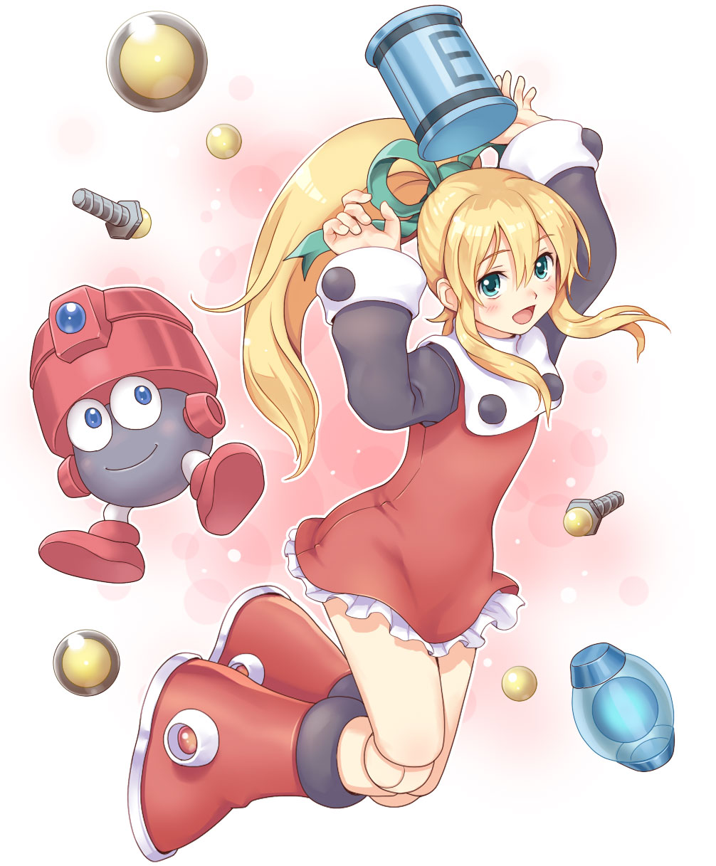 1girl, android, blonde_hair, bolt, boots, eddie_(rockman), energy_tank, green_eyes