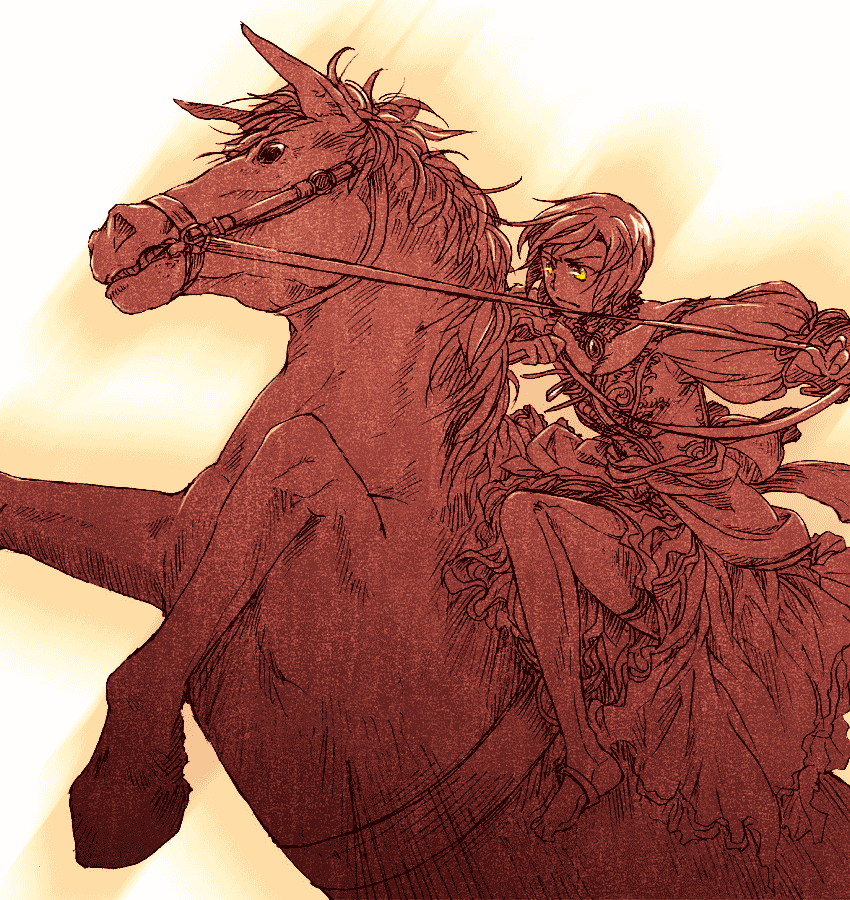 dress, horse, medieval, meiko, monochrome, red, short_hair, solo