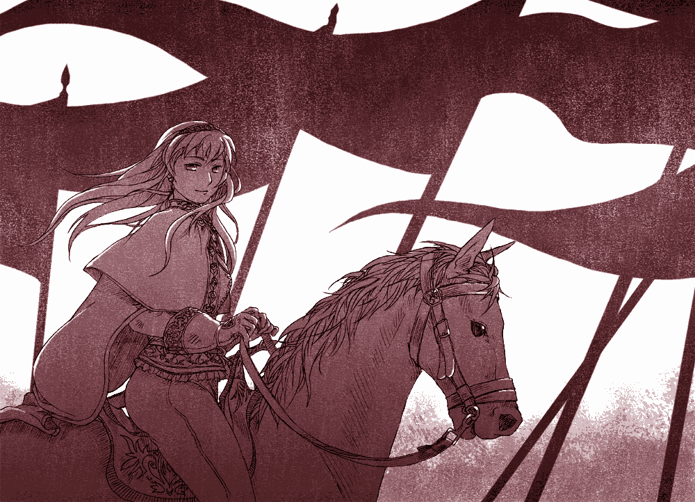 flag, gloves, hairband, horse, long_hair, medieval, megurine_luka, monochrome